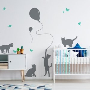 Yokodesign Nástěnná samolepka - stínové obrázky - kočky s balónky barva kočky: sv. modrá, barva doplňky: žlutá