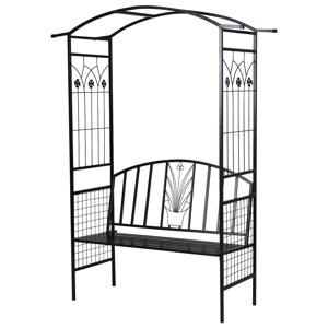 OUTSUNNY Kovová zahradní lavička s obloukem pro popínavé rostliny 154 x 60 x 205 cm černá
