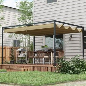 OUTSUNNY Volně stojící kovová pergola se stahovací plátěnou střechou 400 x 300 cm khaki