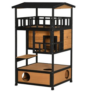 PAWHUT Domeček pro kočky s toaletou venkovní čtyřpatrový dřevěný 78 x 76 x 140 cm žlutá