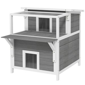 PAWHUT Domeček pro kočky venkovní s balkonem dřevěný 64 x 87 x 76 cm šedá bílá