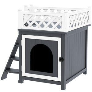 PAWHUT Domeček pro kočky venkovní s balkonem dřevěný 68 x 63 x 69 cm šedá