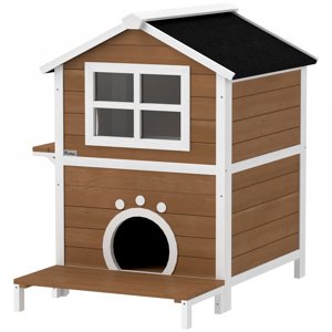 PAWHUT Domeček pro kočky venkovní dvoupatrový s balkonem dřevěný 66 x 66 x 90 cm hnědá