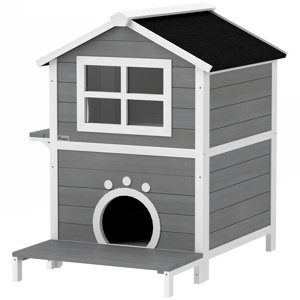 PAWHUT Domeček pro kočky venkovní dvoupatrový s balkonem dřevěný 66 x 66 x 90 cm šedá bílá
